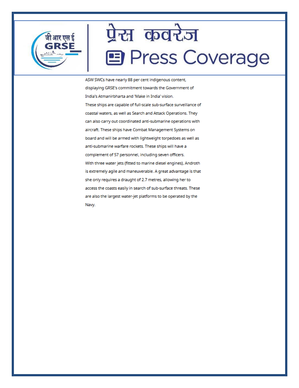 Press Coverage : 07 Oct 25:Proud Moment For GRSE As Second ASW SWC INS Androth Gets Commissioned Into Navy  